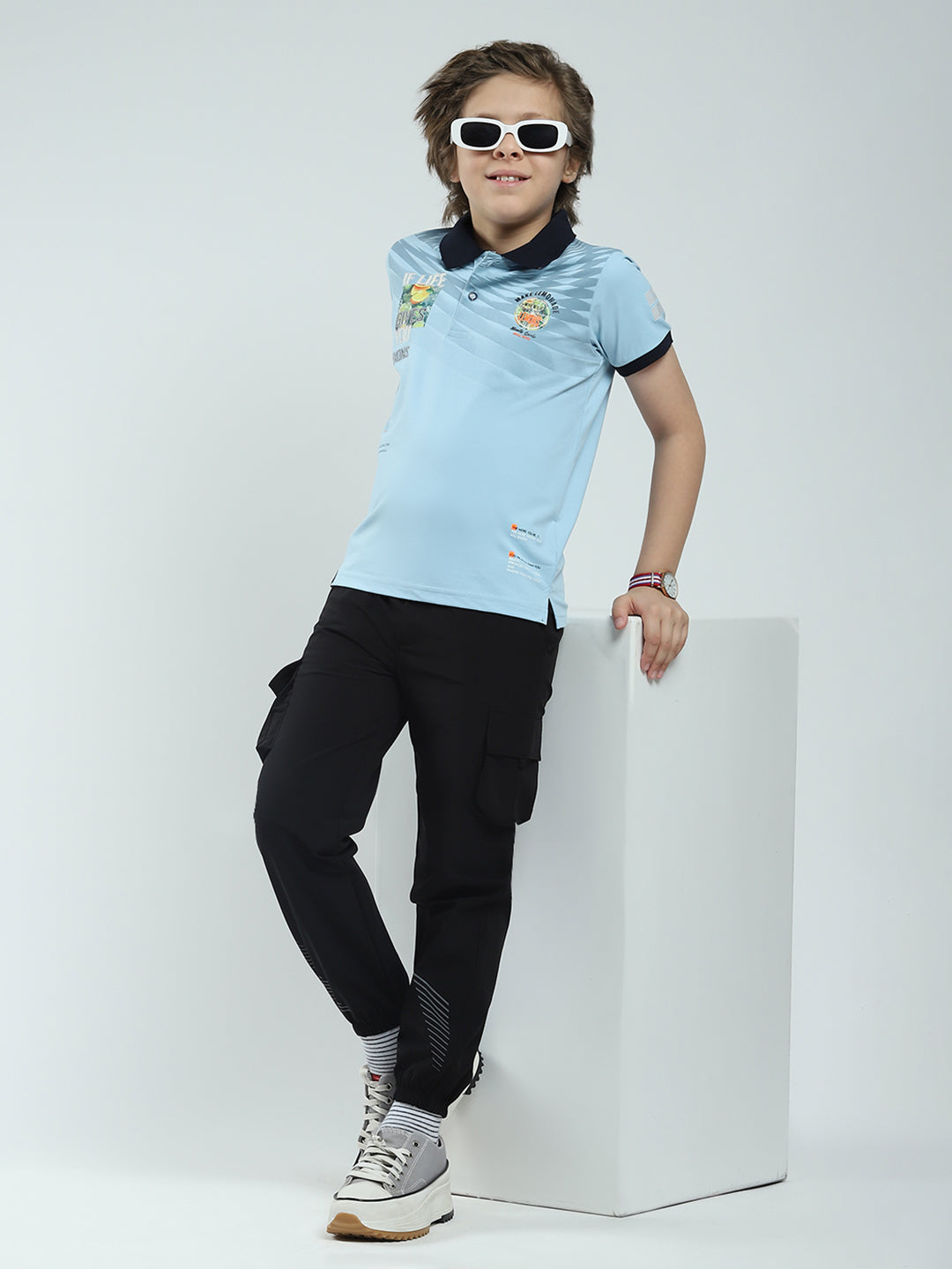 Boys Blue Printed Collar Half Sleeve T-Shirt