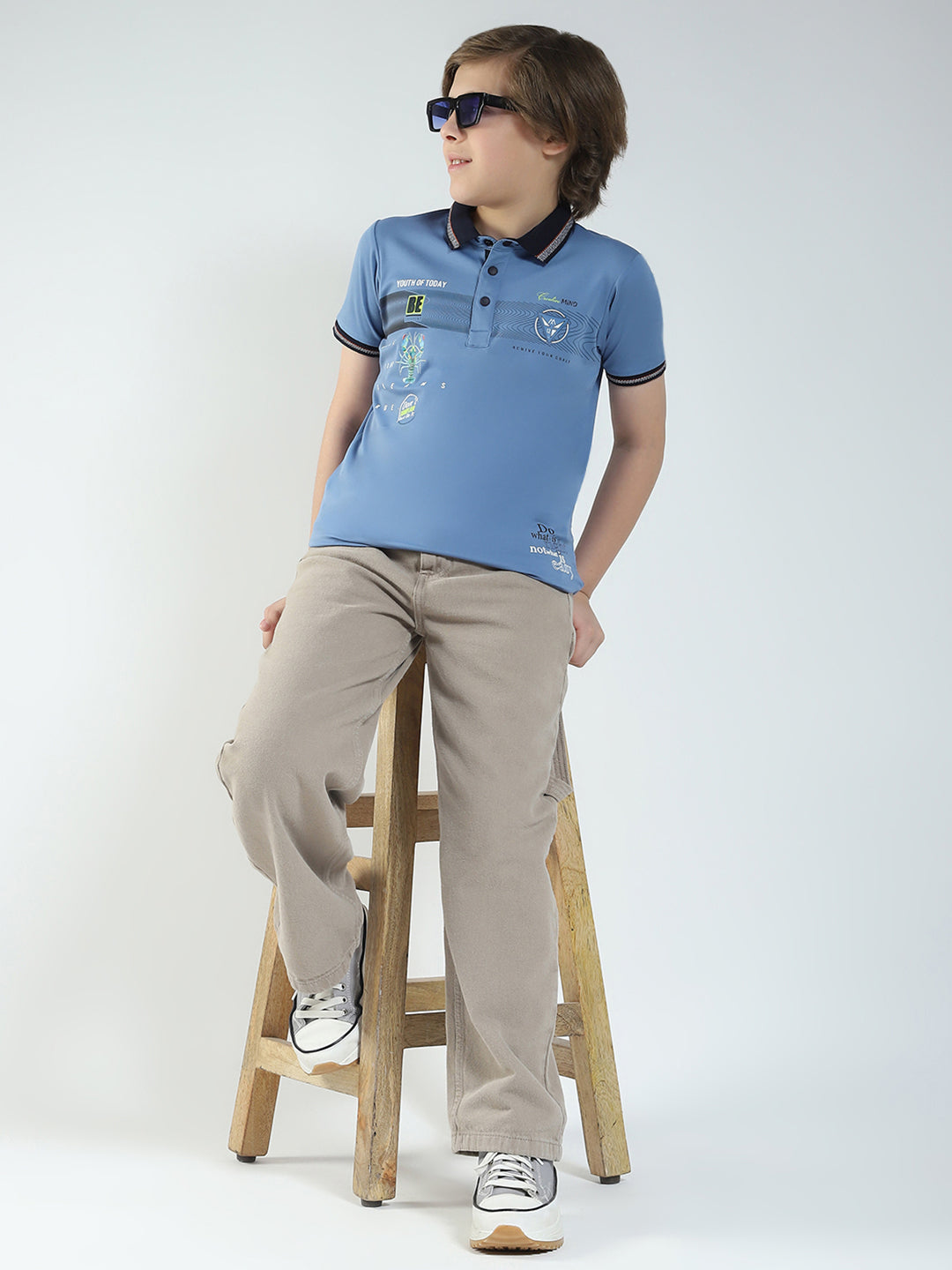 Boys Blue Printed Collar Half Sleeve T-Shirt