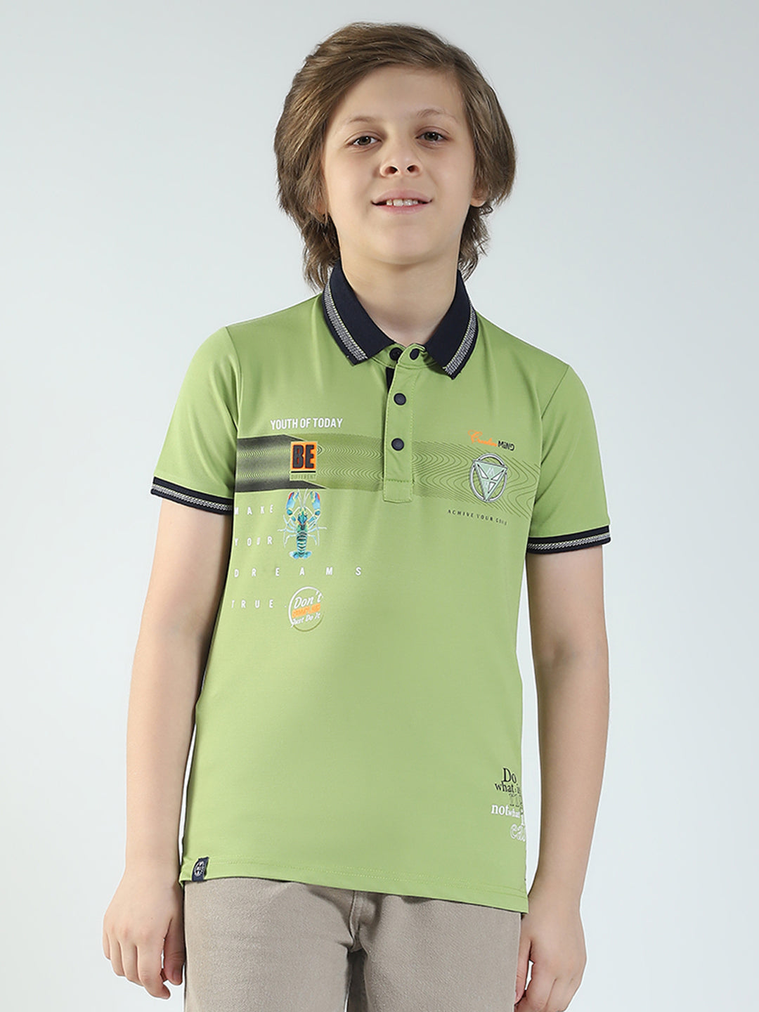 Boys Green Printed Collar Half Sleeve T-Shirt