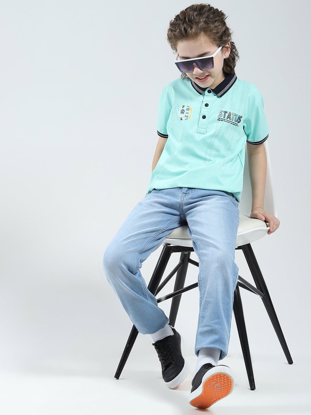 Boys Green Printed Collar Half Sleeve T-Shirt