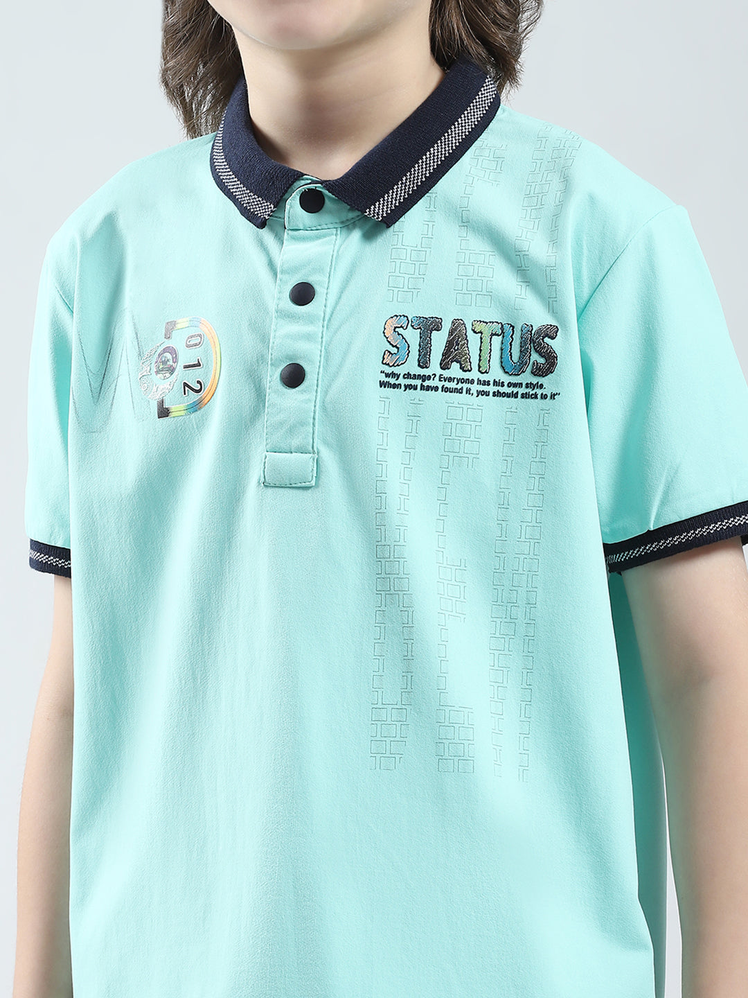 Boys Green Printed Collar Half Sleeve T-Shirt
