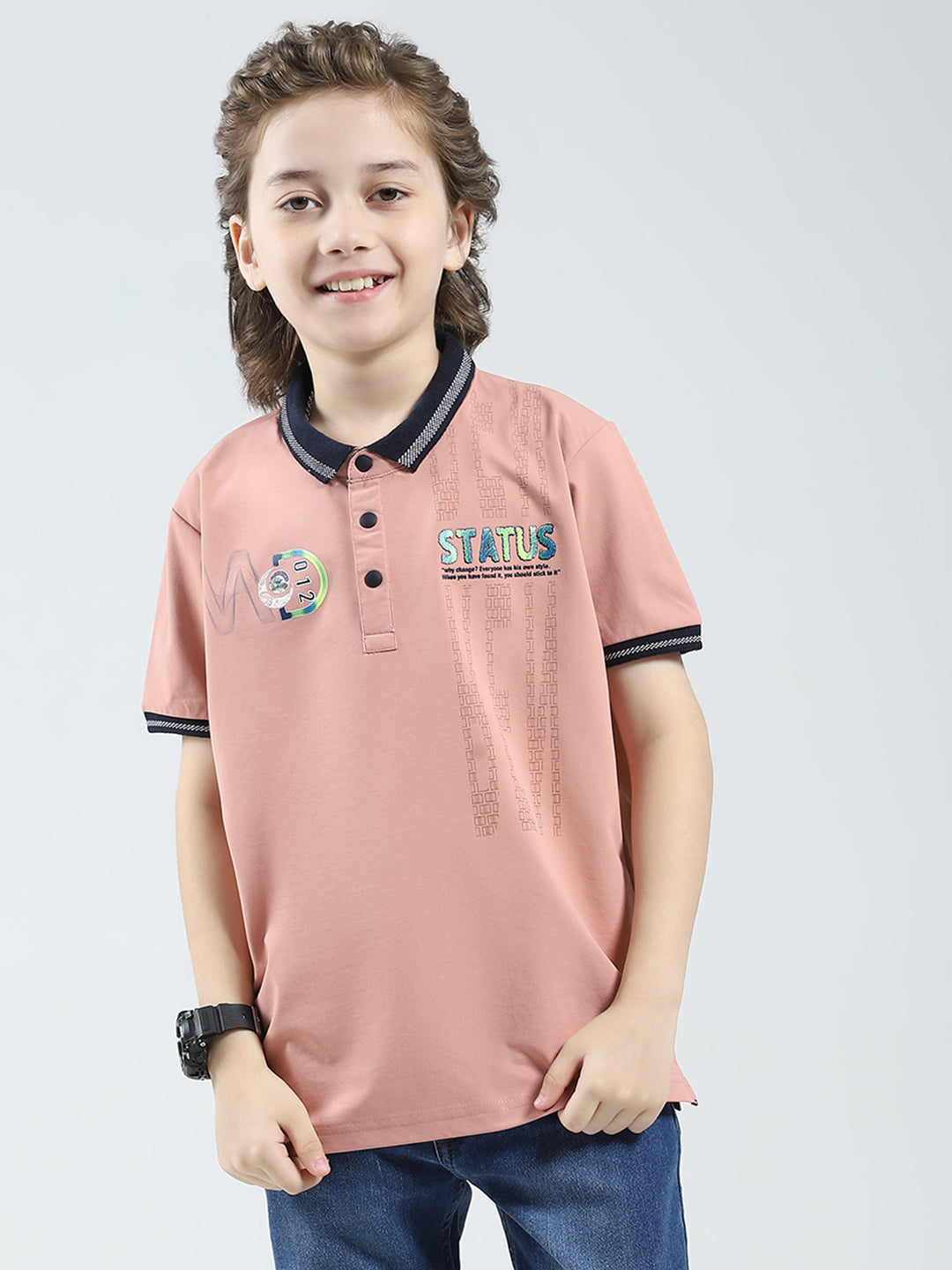 Boys Peach Printed Collar Half Sleeve T-Shirt