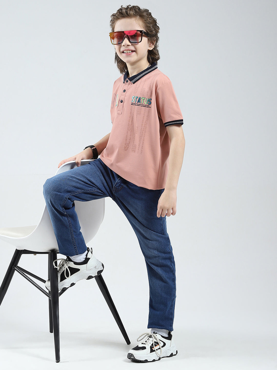 Boys Peach Printed Collar Half Sleeve T-Shirt