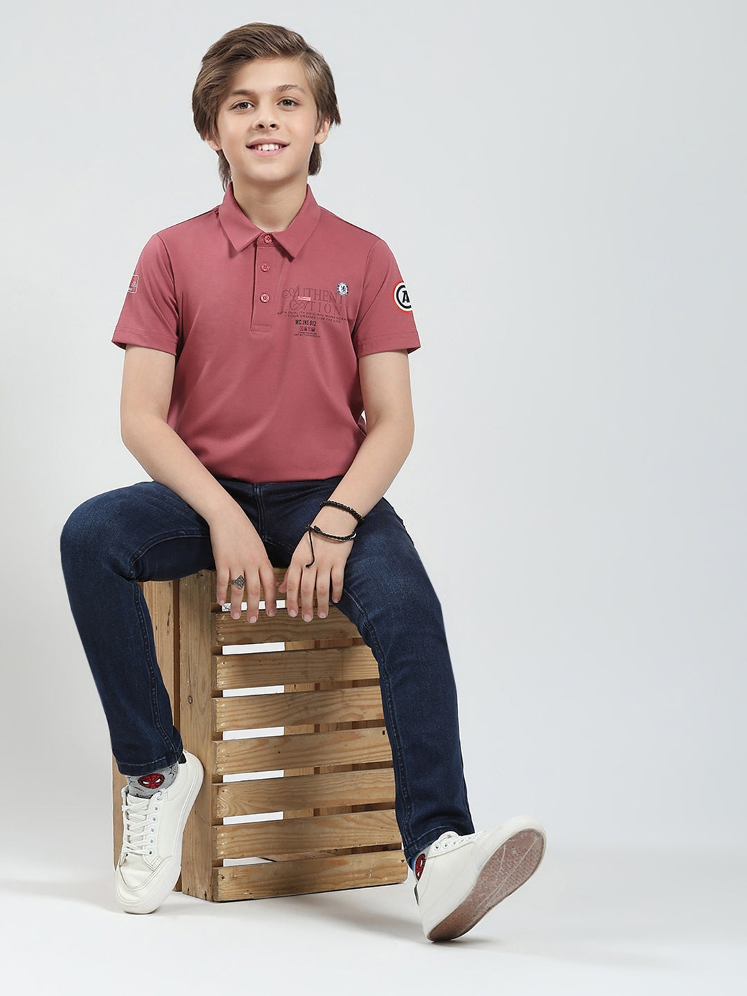 Boys Pink Printed Collar Half Sleeve T-Shirt