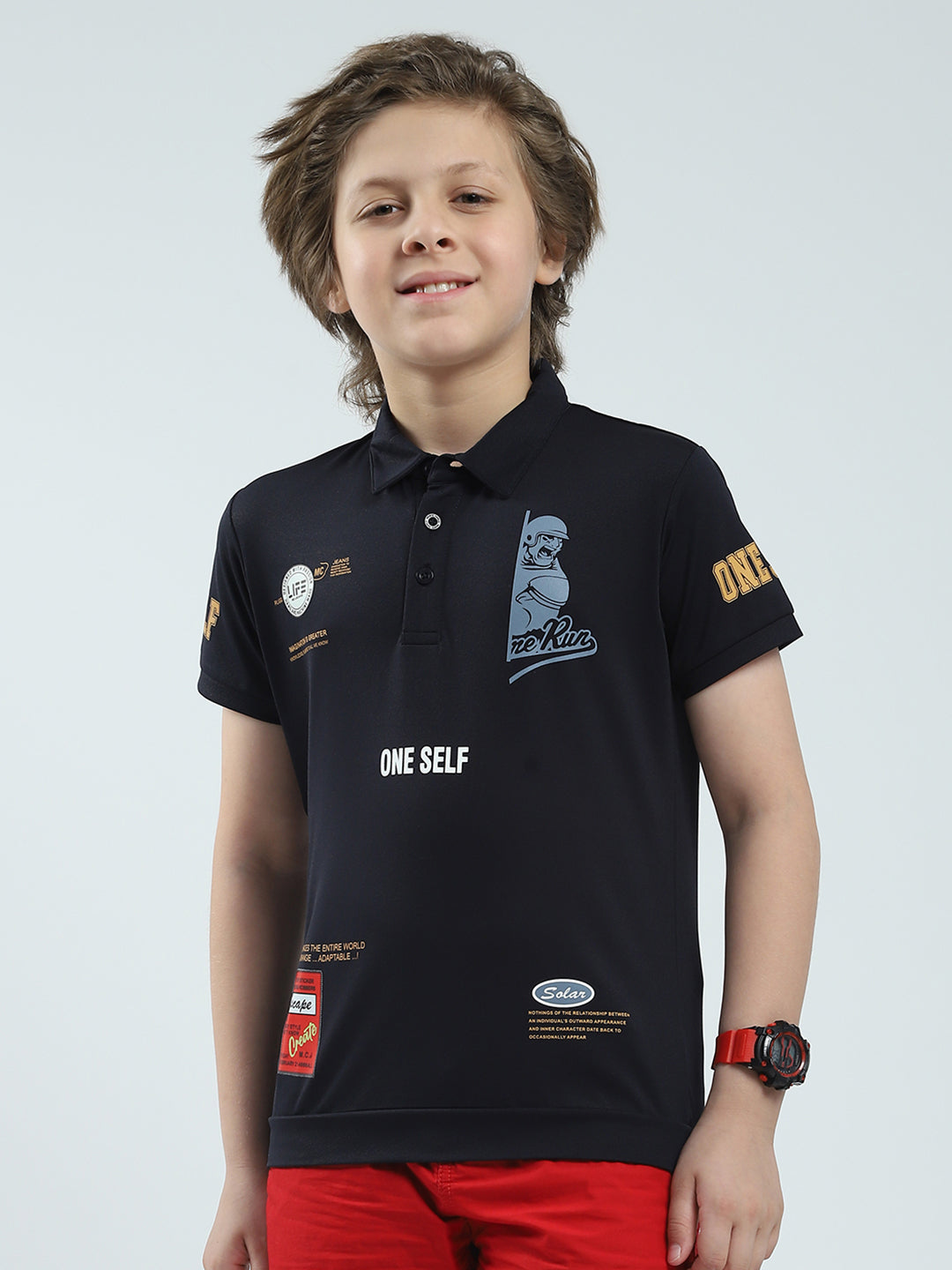 Boys Navy Blue Printed Collar Half Sleeve T-Shirt
