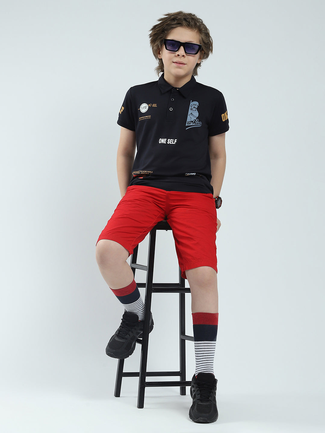 Boys Navy Blue Printed Collar Half Sleeve T-Shirt