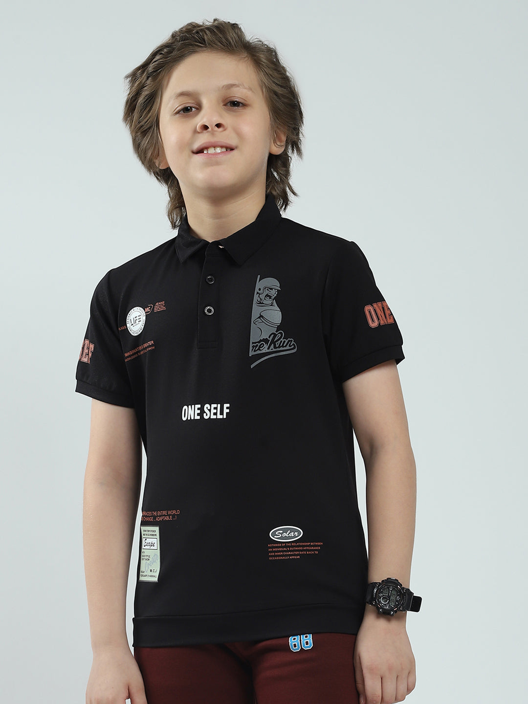 Boys Black Printed Collar Half Sleeve T-Shirt