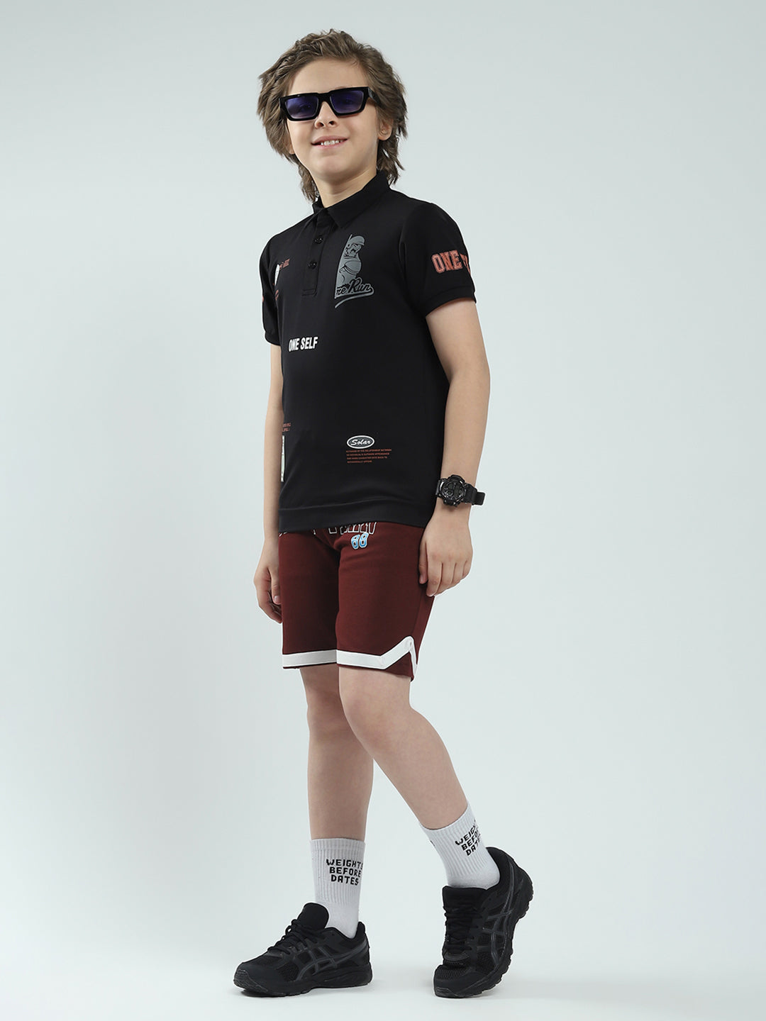 Boys Black Printed Collar Half Sleeve T-Shirt