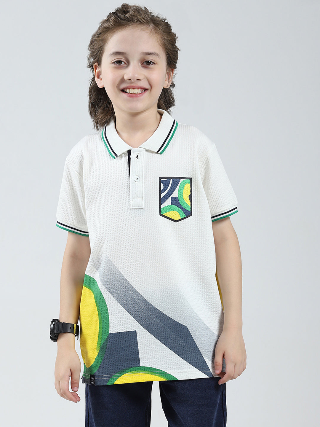 Boys White Printed Collar Half Sleeve T-Shirt