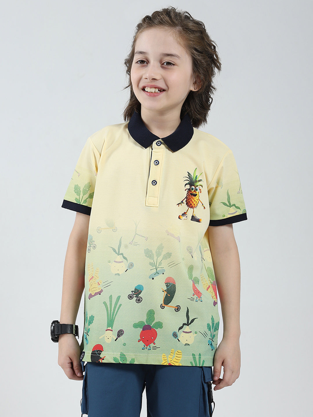 Boys Yellow Printed Collar Half Sleeve T-Shirt