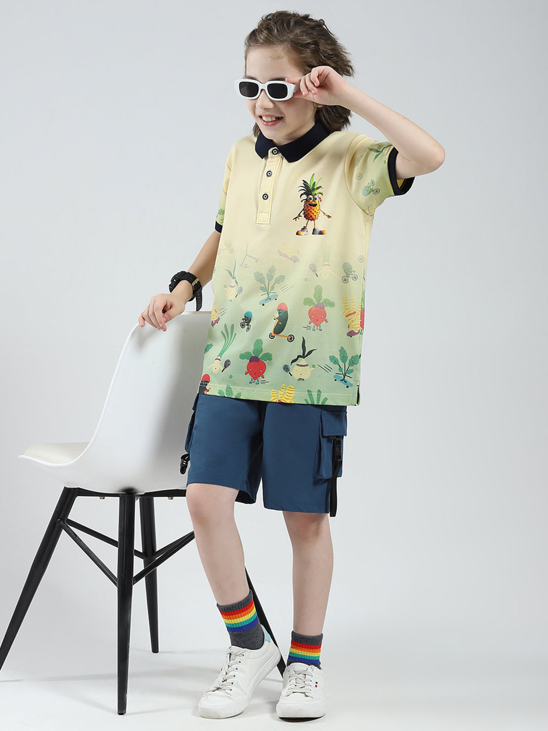 Boys Yellow Printed Collar Half Sleeve T-Shirt