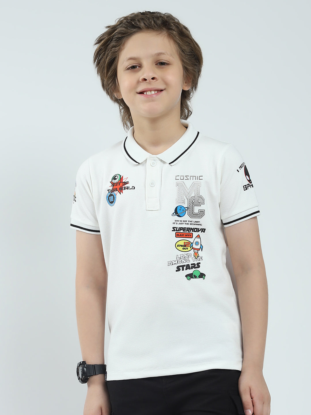 Boys White Printed Collar Half Sleeve T-Shirt