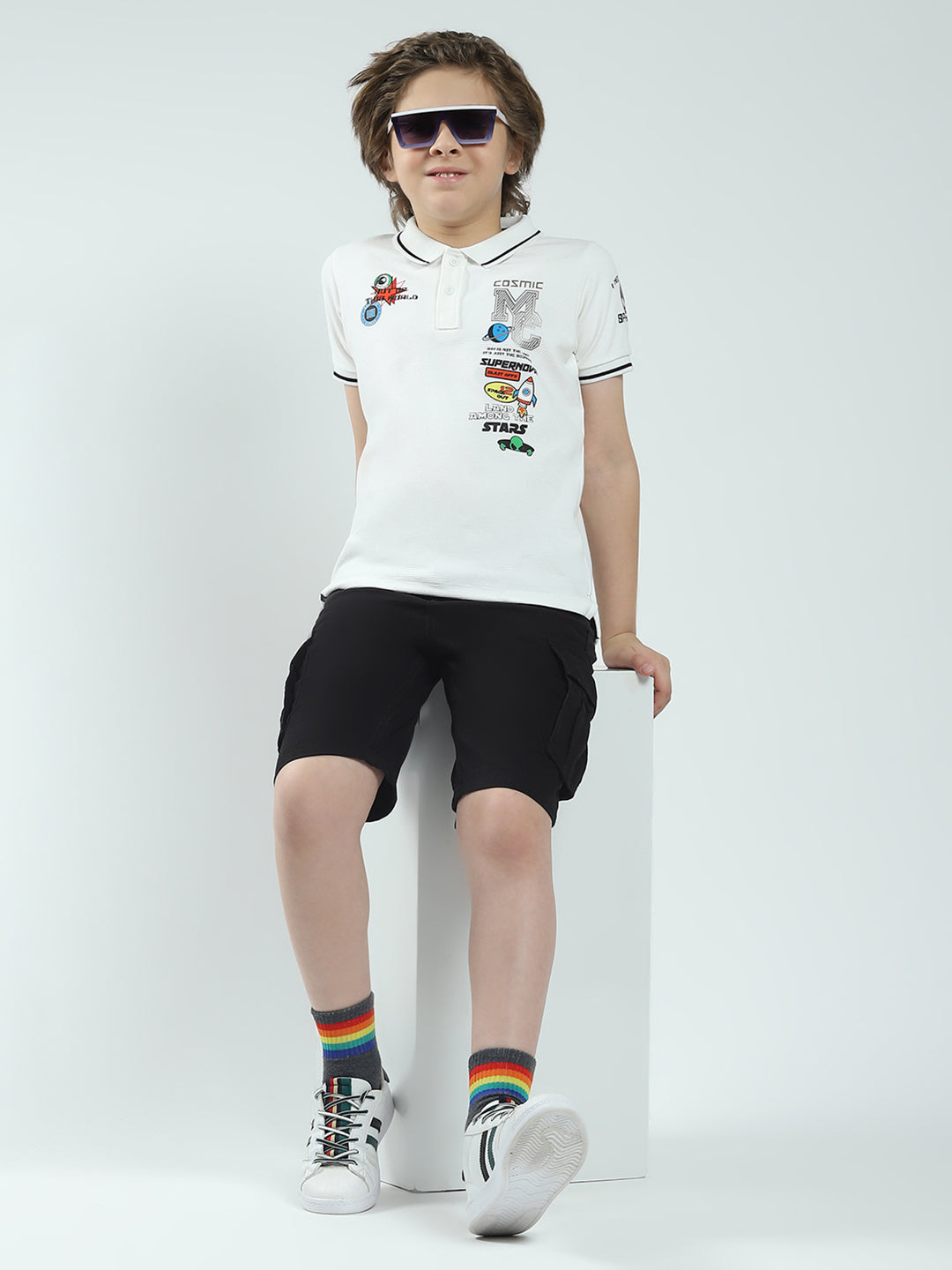 Boys White Printed Collar Half Sleeve T-Shirt