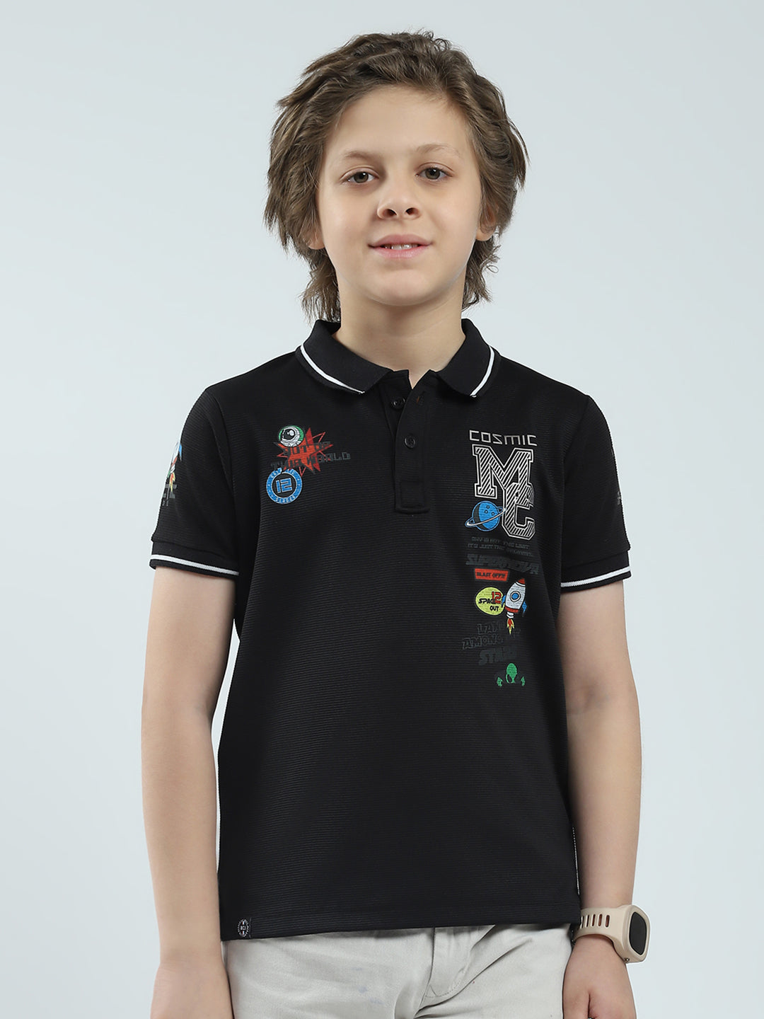 Boys Black Printed Collar Half Sleeve T-Shirt