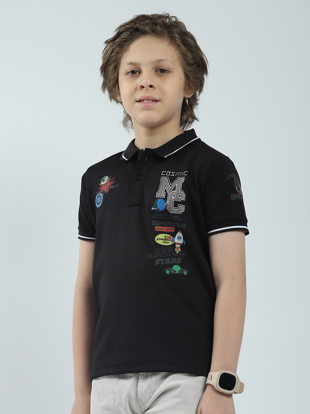Boys Black Printed Collar Half Sleeve T-Shirt