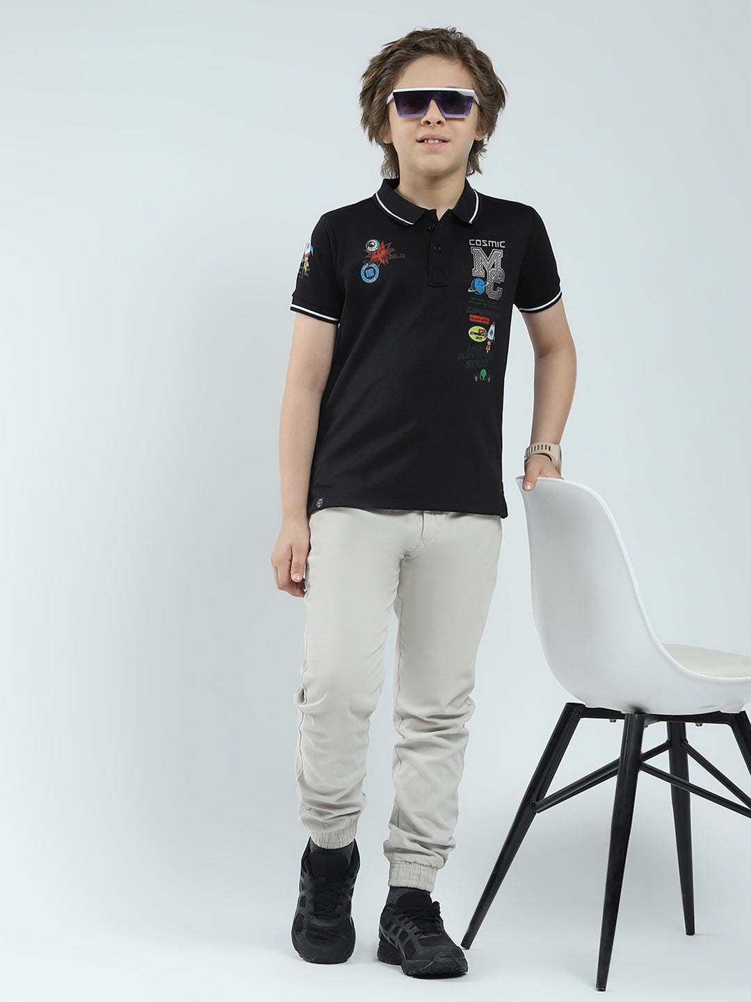 Boys Black Printed Collar Half Sleeve T-Shirt