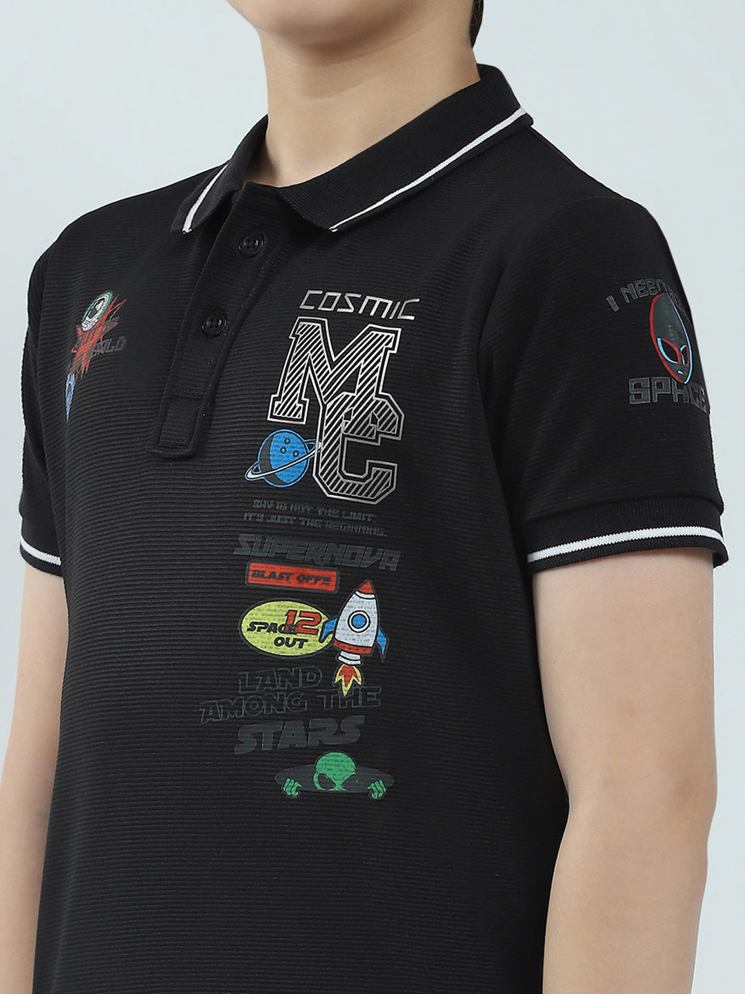 Boys Black Printed Collar Half Sleeve T-Shirt
