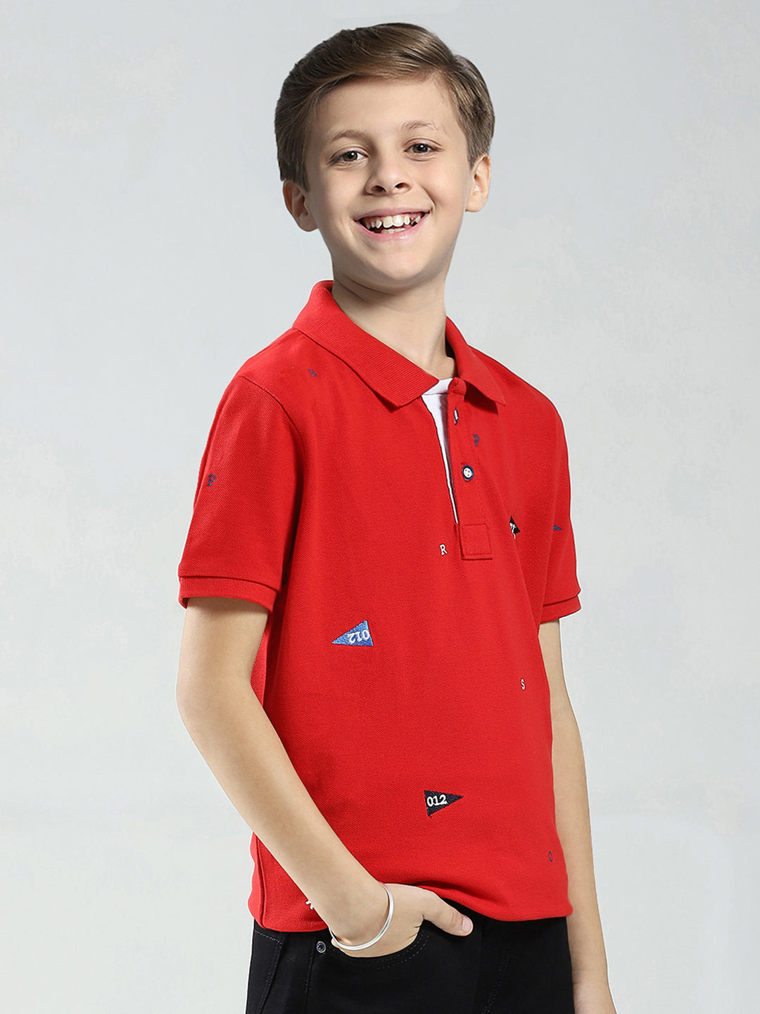 Boys Red Printed Collar Half Sleeve T-Shirt