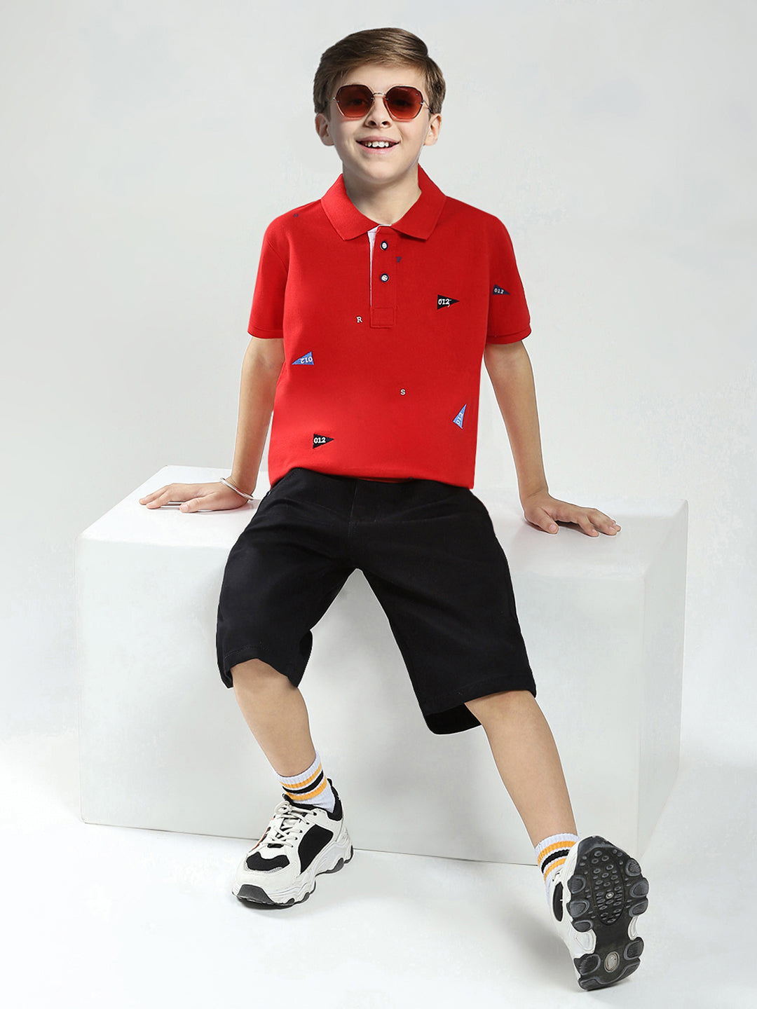 Boys Red Printed Collar Half Sleeve T-Shirt