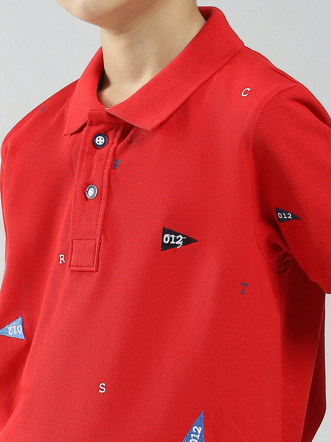 Boys Red Printed Collar Half Sleeve T-Shirt