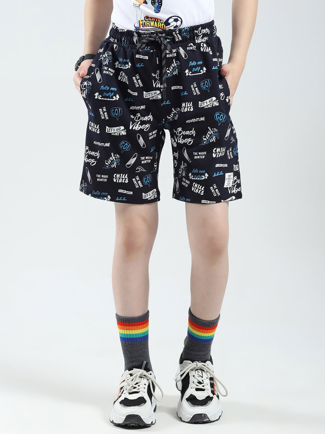 Boys Navy Blue Printed Regular Fit Bermuda