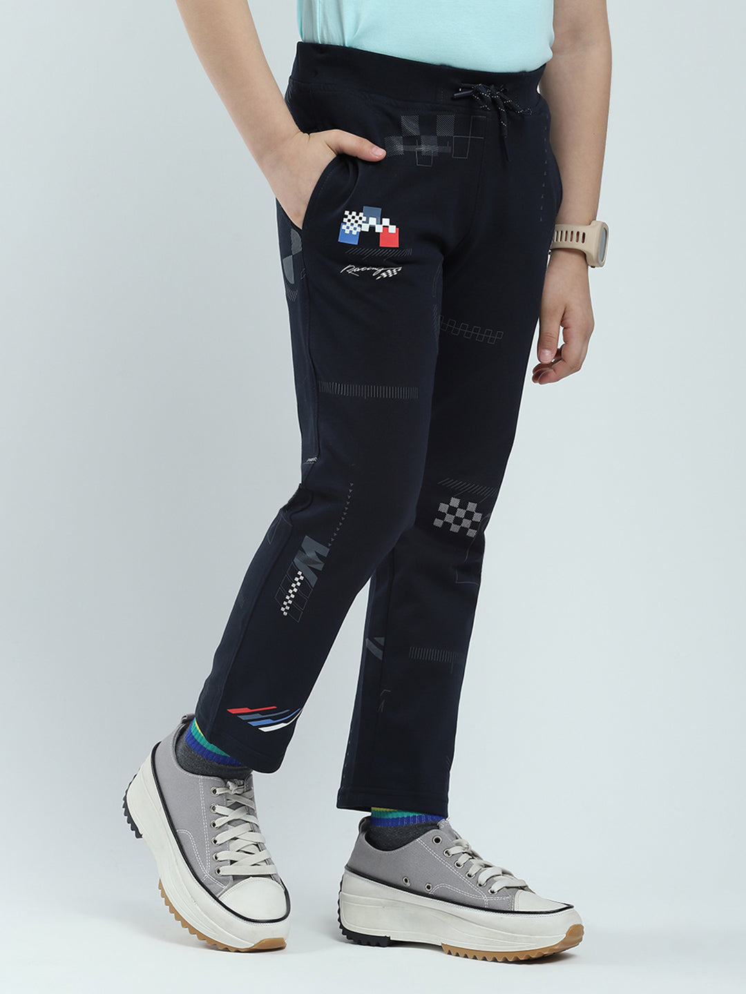 Boys Navy Blue Printed Regular Fit Lower