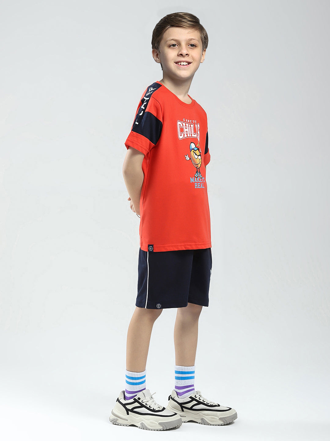 Boys Orange Printed Round Neck Half Sleeve Bermuda Set