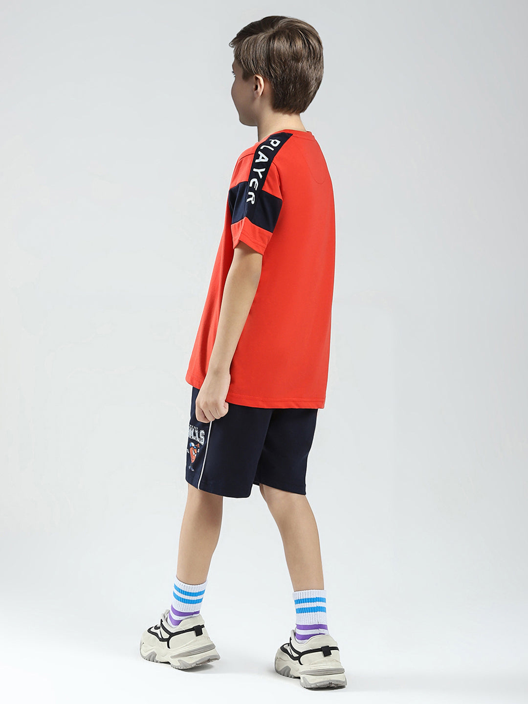 Boys Orange Printed Round Neck Half Sleeve Bermuda Set