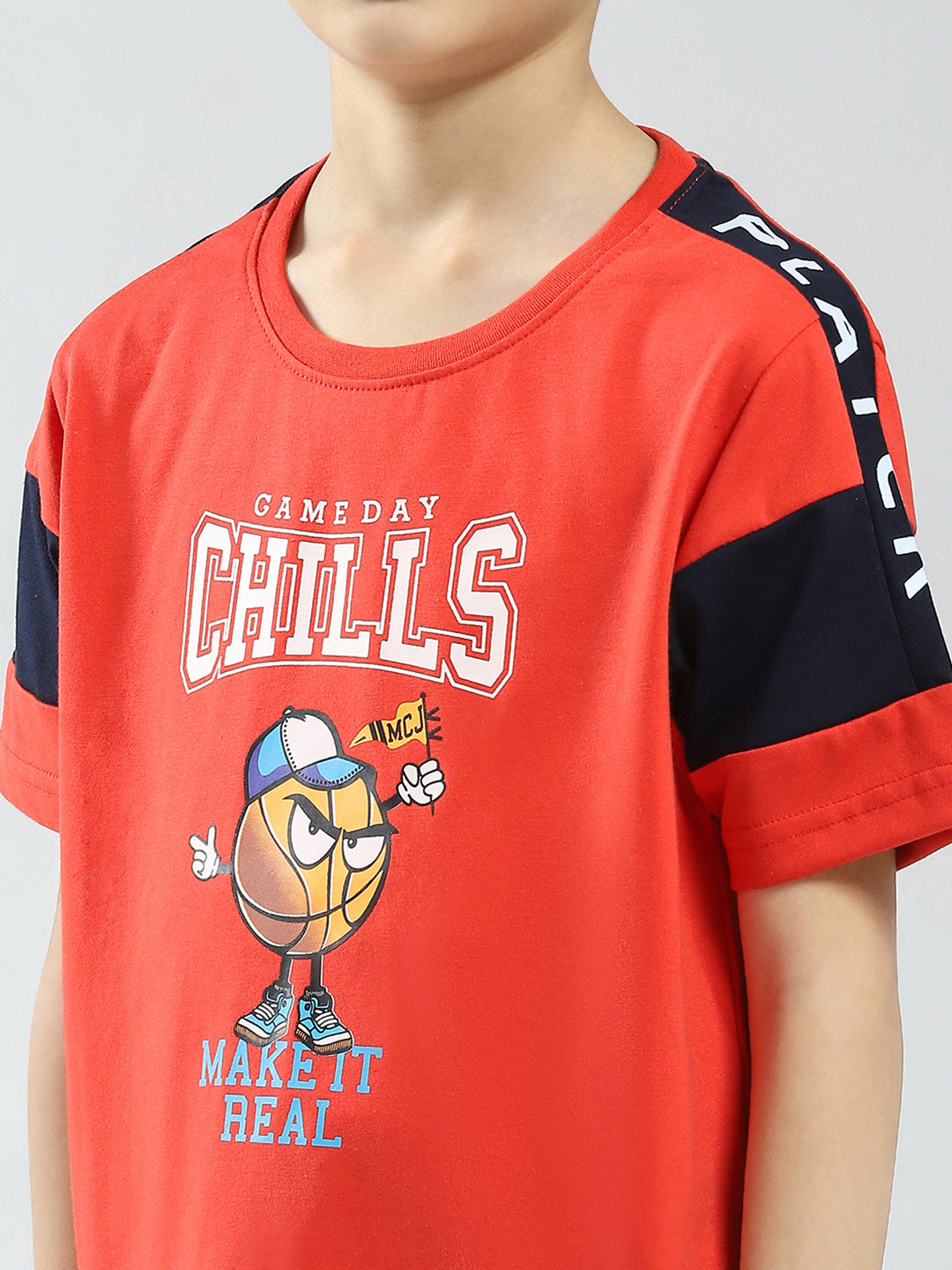 Boys Orange Printed Round Neck Half Sleeve Bermuda Set