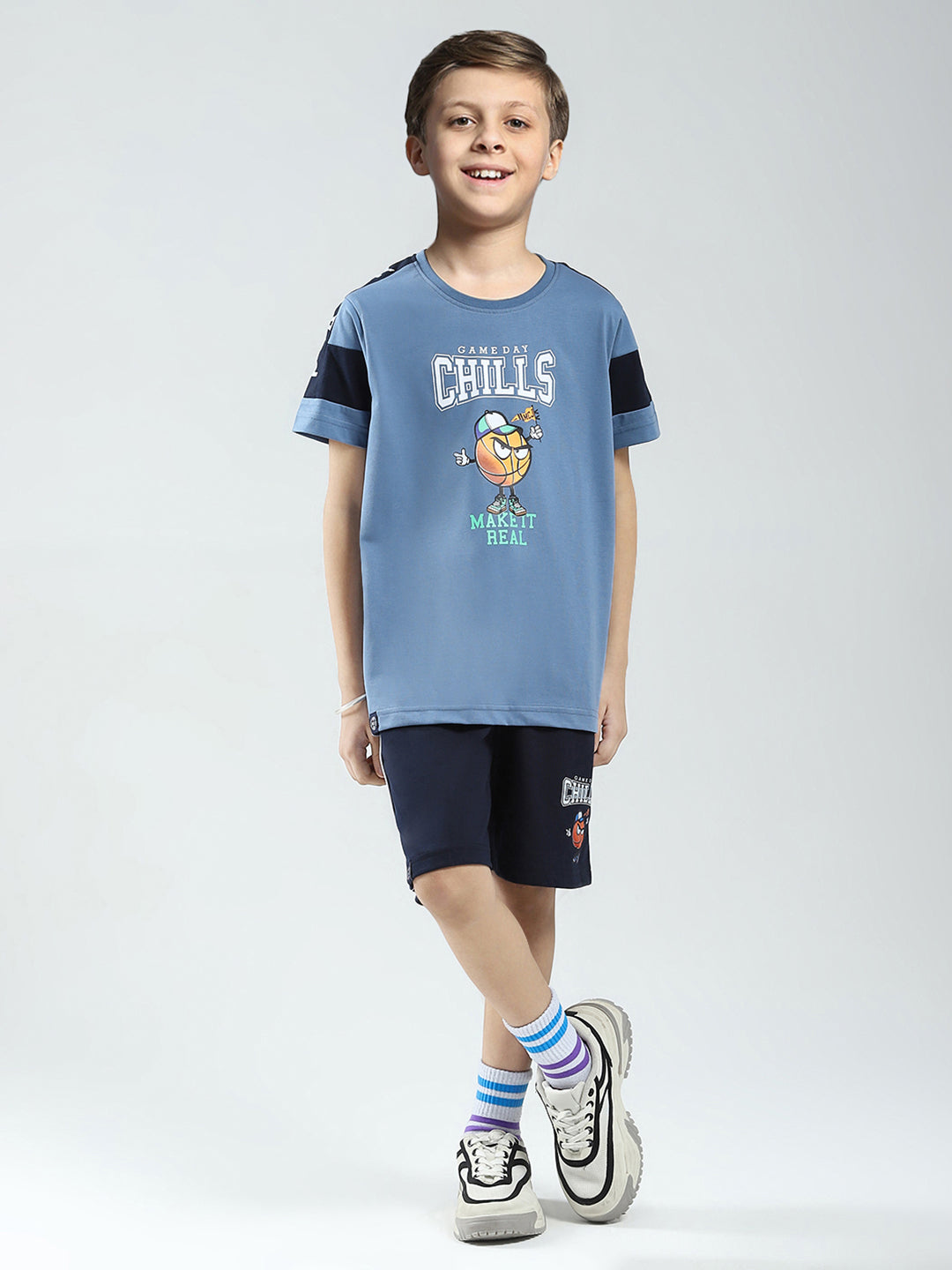 Boys Blue Printed Round Neck Half Sleeve Bermuda Set