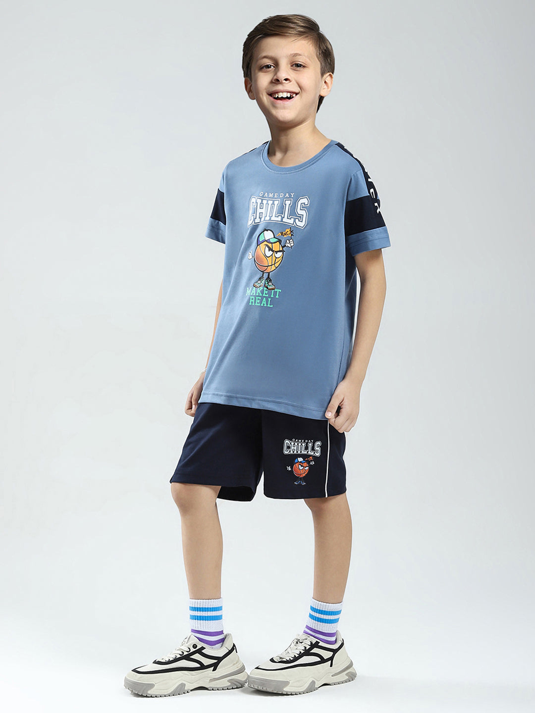 Boys Blue Printed Round Neck Half Sleeve Bermuda Set