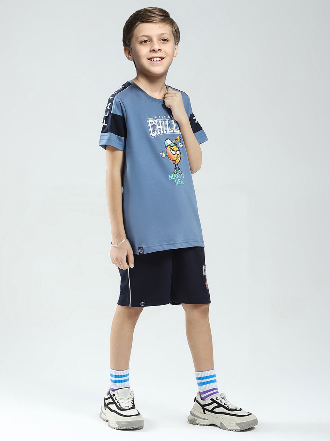 Boys Blue Printed Round Neck Half Sleeve Bermuda Set