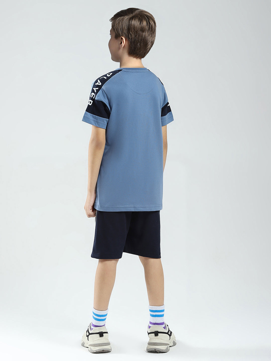 Boys Blue Printed Round Neck Half Sleeve Bermuda Set