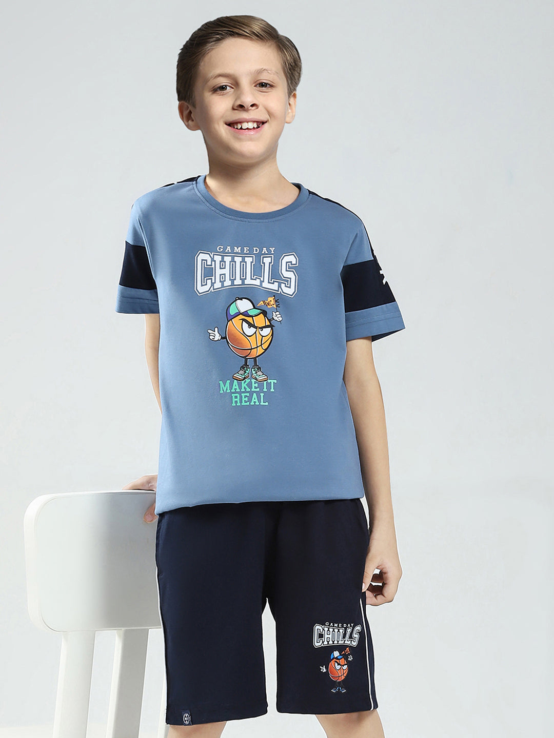 Boys Blue Printed Round Neck Half Sleeve Bermuda Set