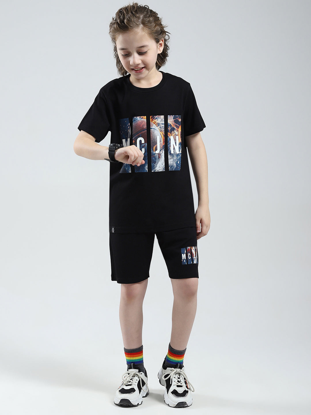 Boys Black Printed Round Neck Half Sleeve Bermuda Set