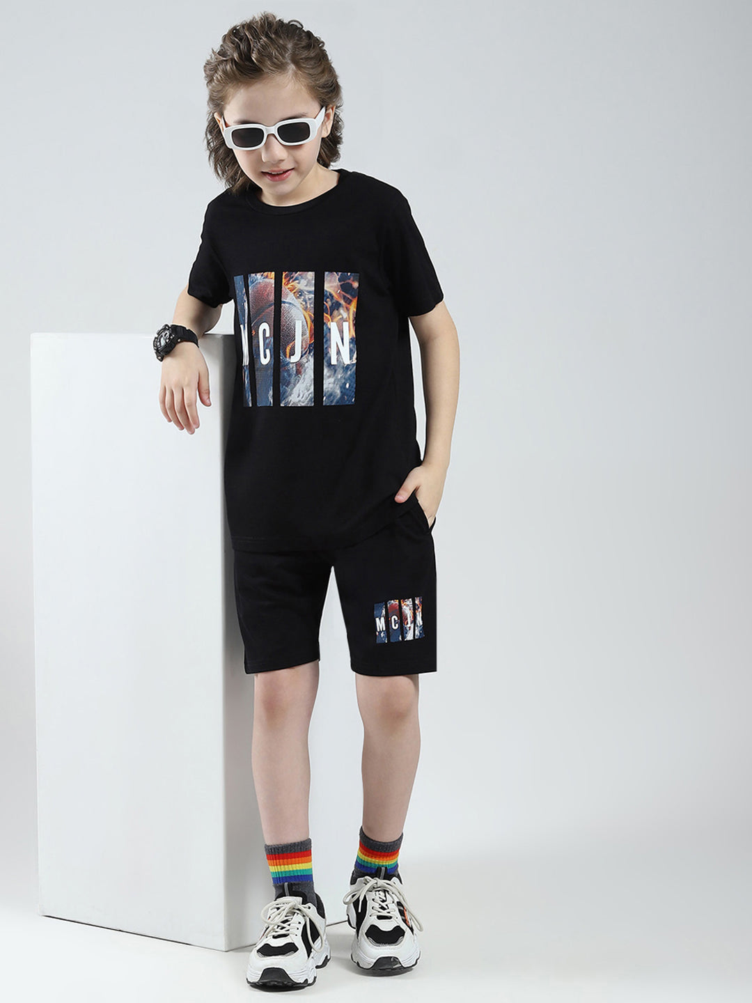 Boys Black Printed Round Neck Half Sleeve Bermuda Set