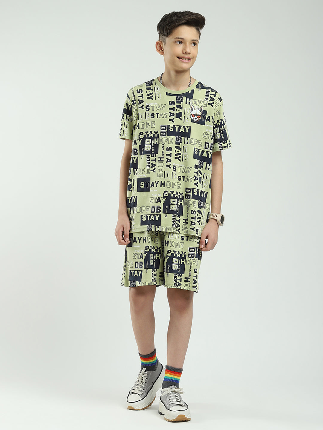 Boys Green Printed Round Neck Half Sleeve Bermuda Set