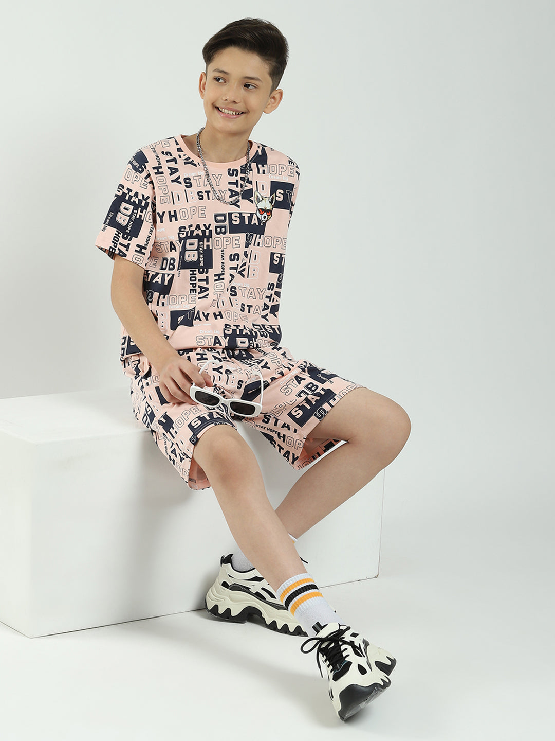 Boys Peach Printed Round Neck Half Sleeve Bermuda Set