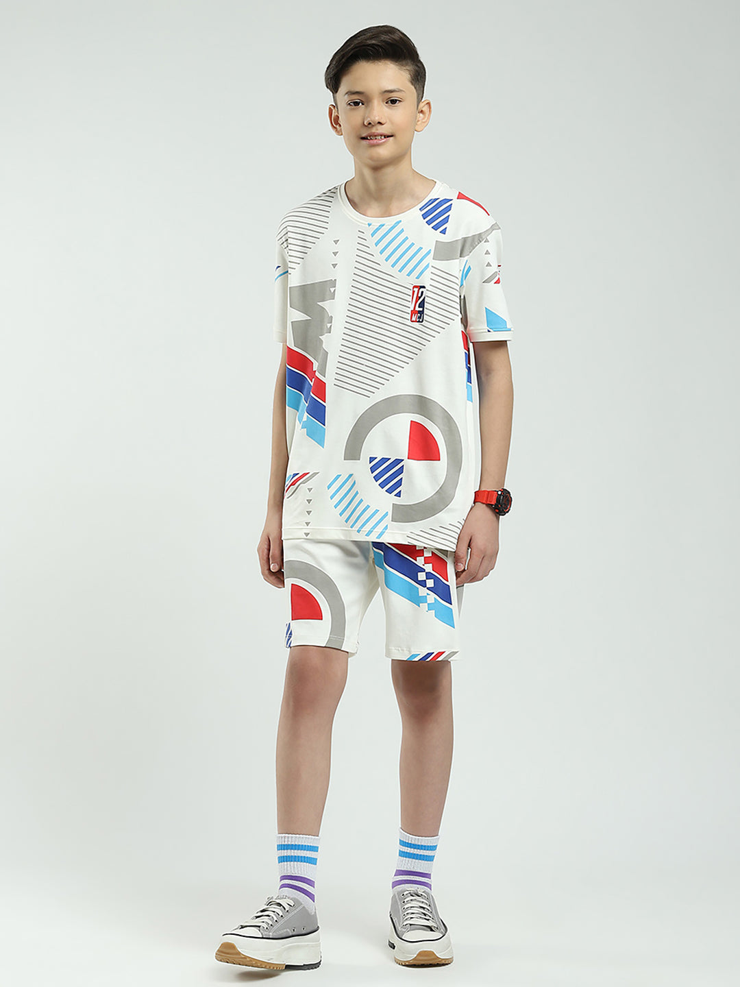 Boys White Printed Round Neck Half Sleeve Bermuda Set