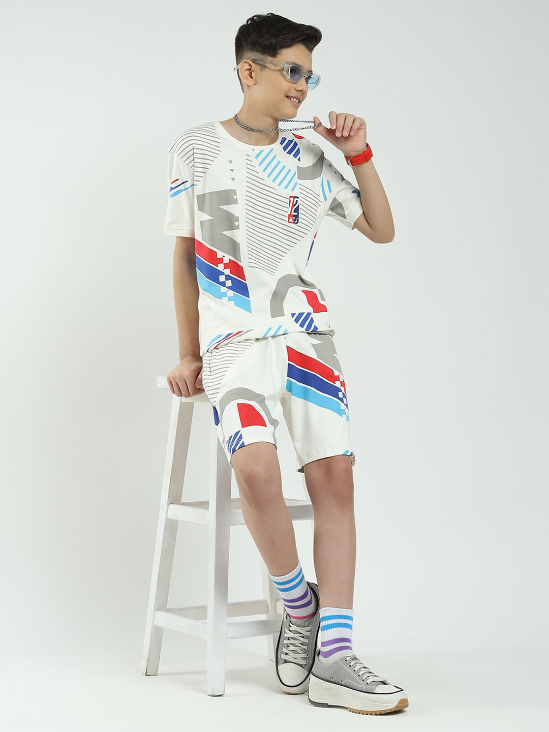 Boys White Printed Round Neck Half Sleeve Bermuda Set