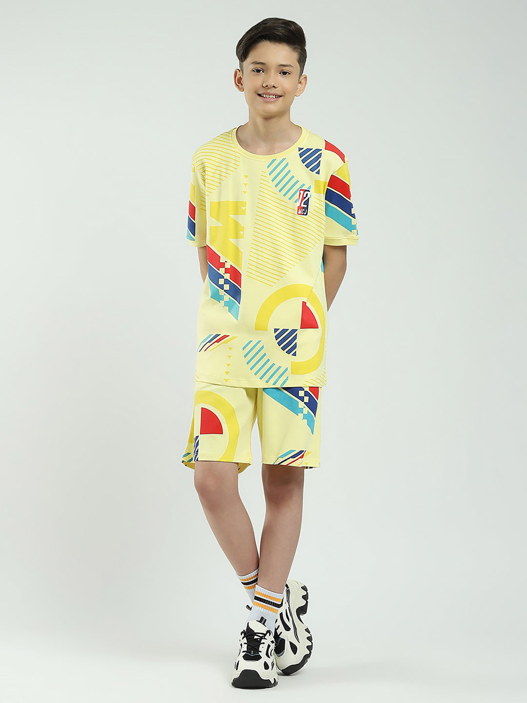 Boys Yellow Printed Round Neck Half Sleeve Bermuda Set