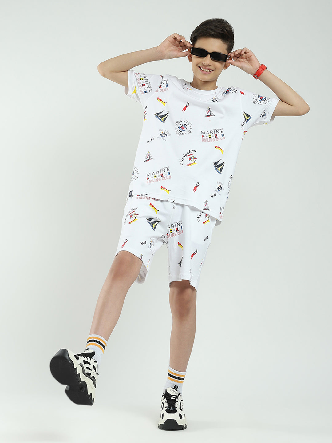 Boys White Printed Round Neck Half Sleeve Bermuda Set