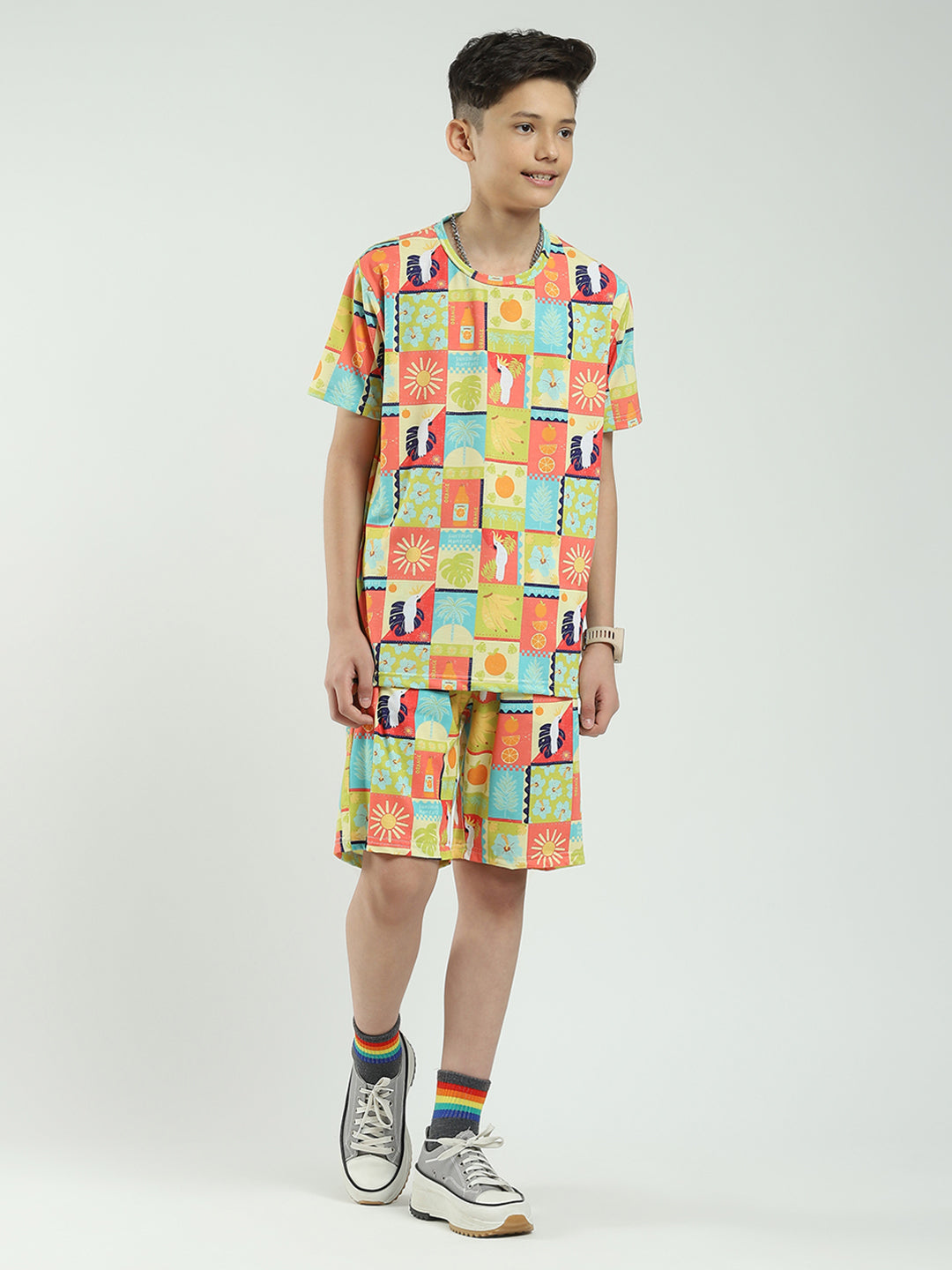 Boys Multicolor Printed Round Neck Half Sleeve Bermuda Set
