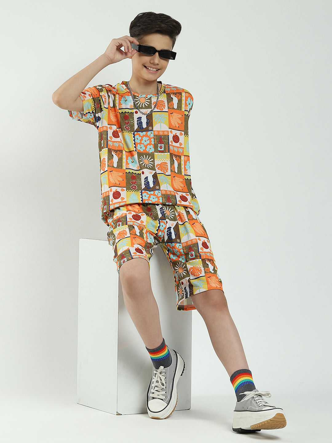 Boys Brown Printed Round Neck Half Sleeve Bermuda Set