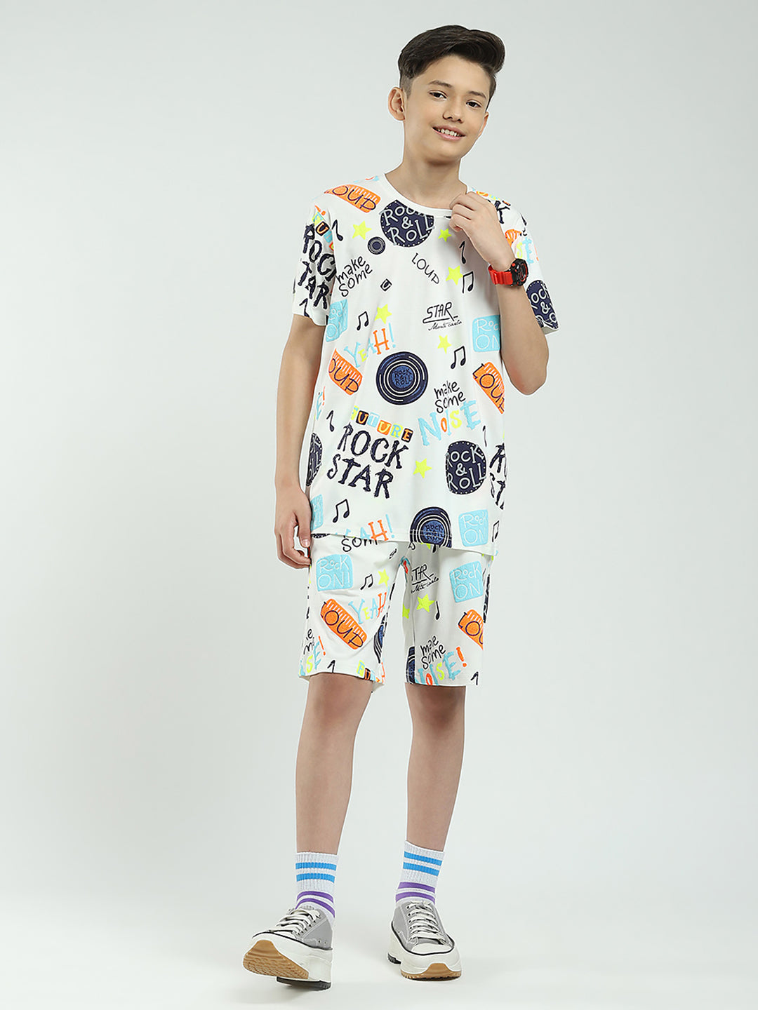 Boys White Printed Round Neck Half Sleeve Bermuda Set