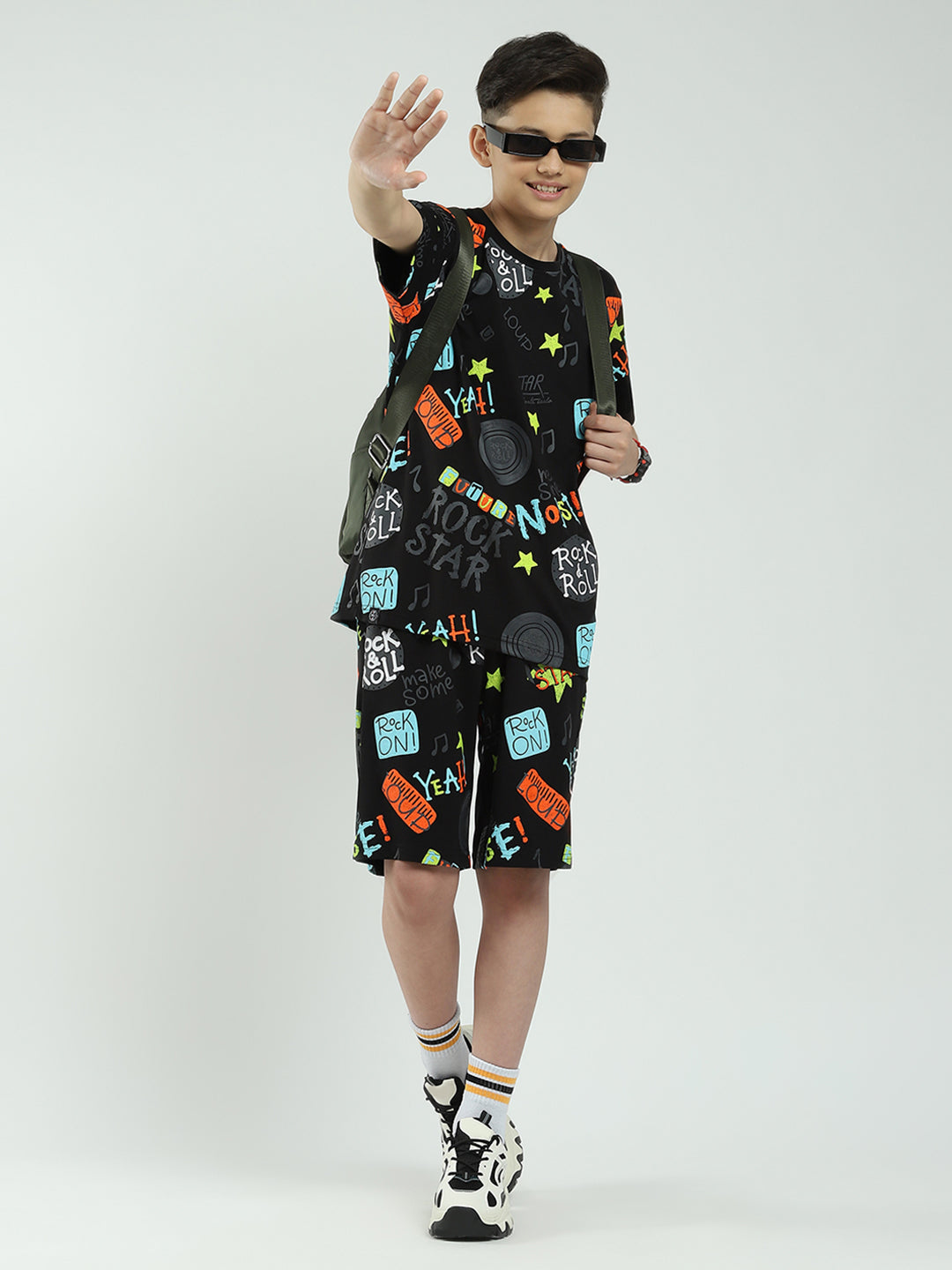 Boys Black Printed Round Neck Half Sleeve Bermuda Set