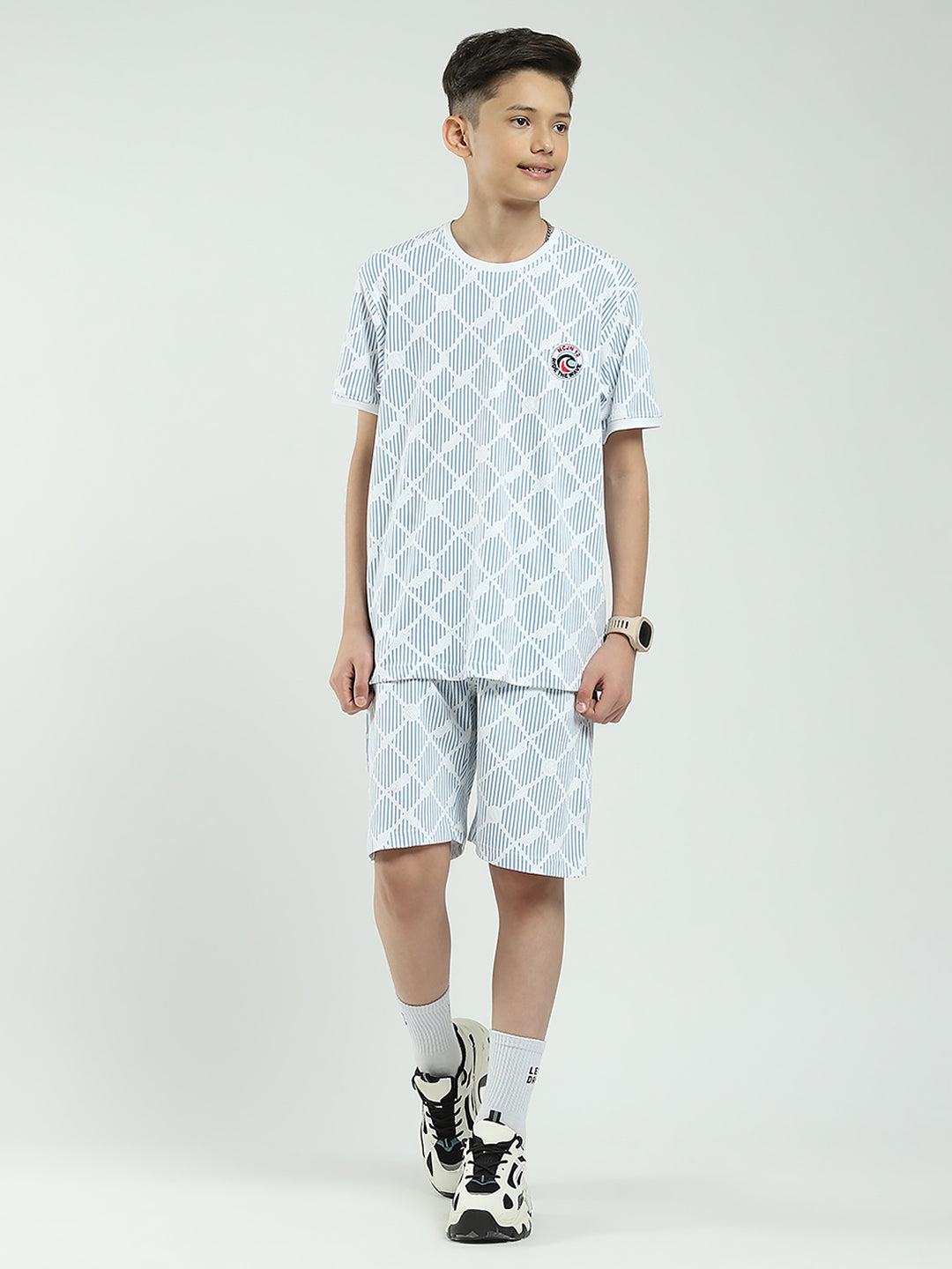 Boys Blue Printed Round Neck Half Sleeve Bermuda Set