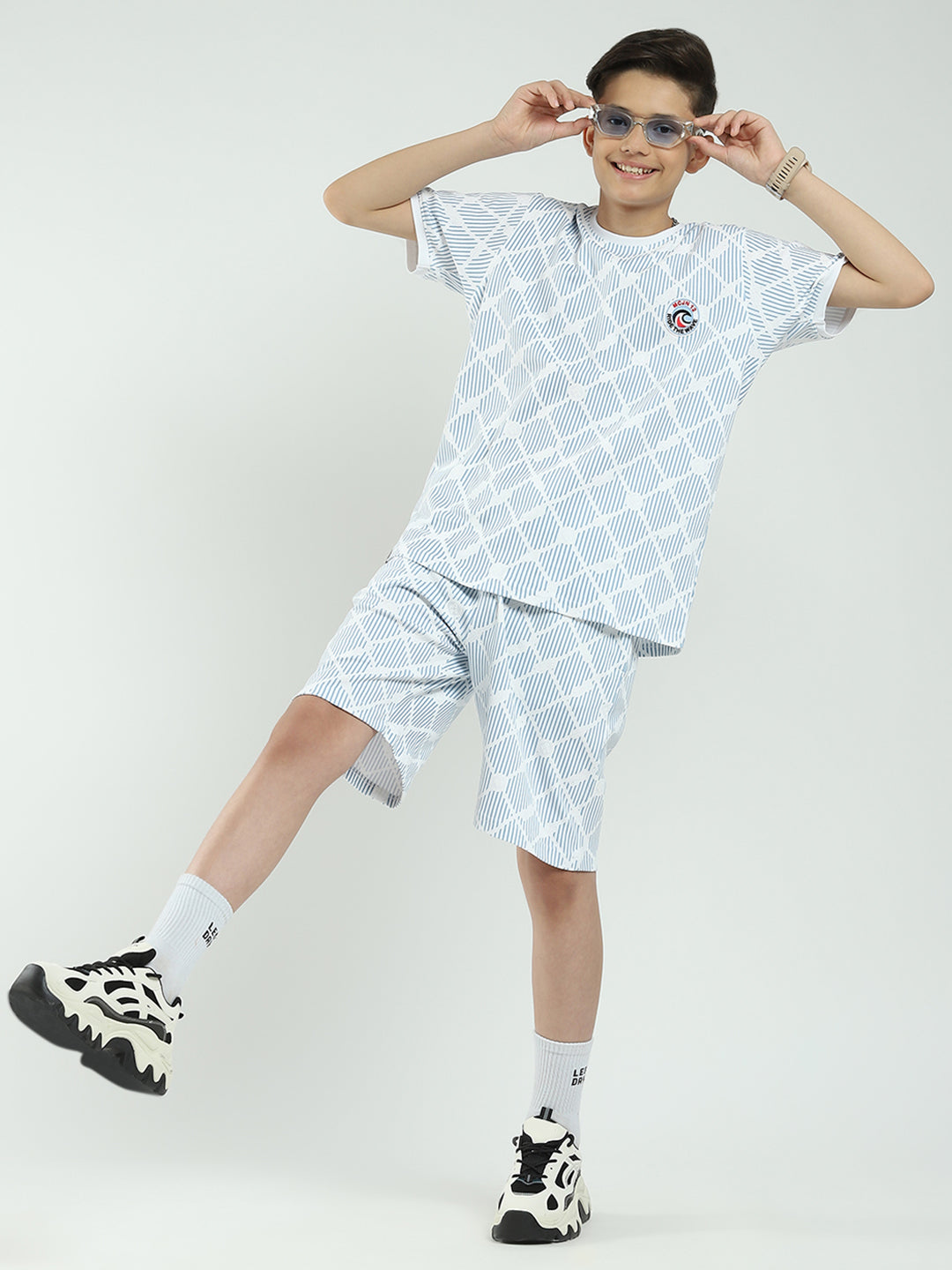 Boys Blue Printed Round Neck Half Sleeve Bermuda Set