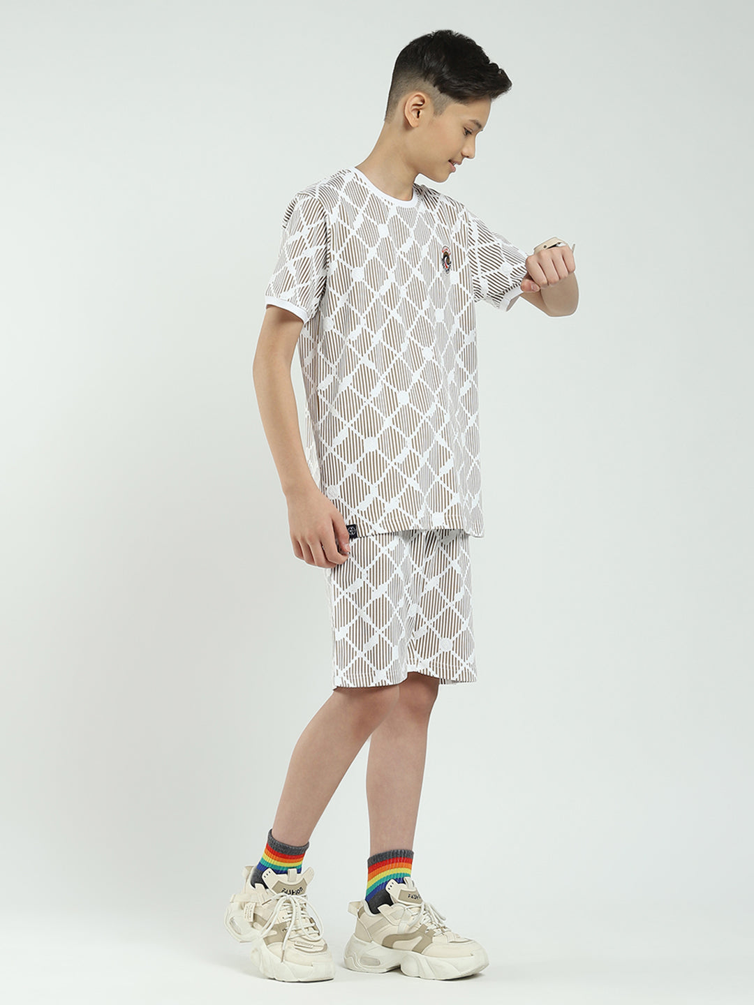 Boys Brown Printed Round Neck Half Sleeve Bermuda Set