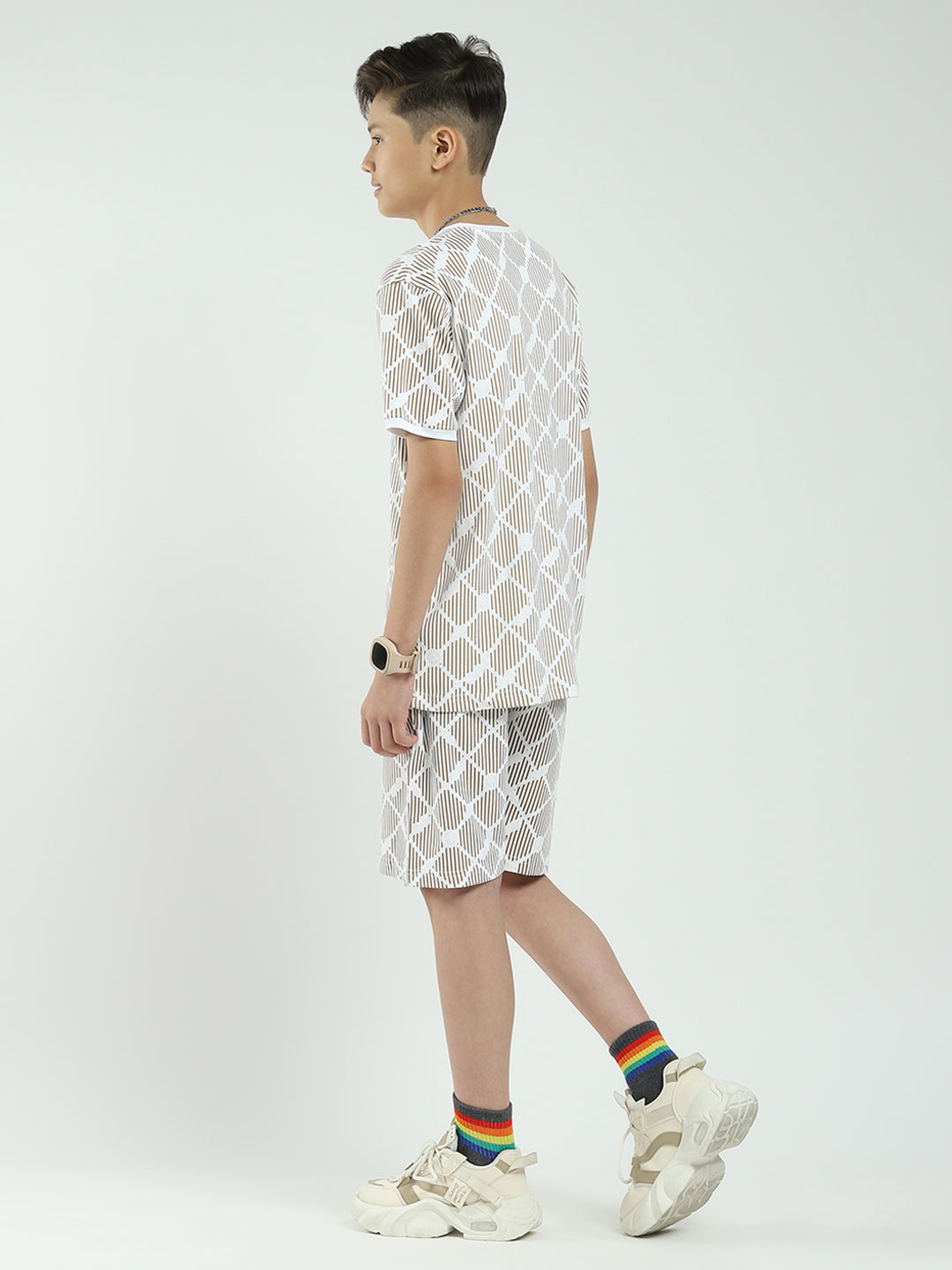 Boys Brown Printed Round Neck Half Sleeve Bermuda Set